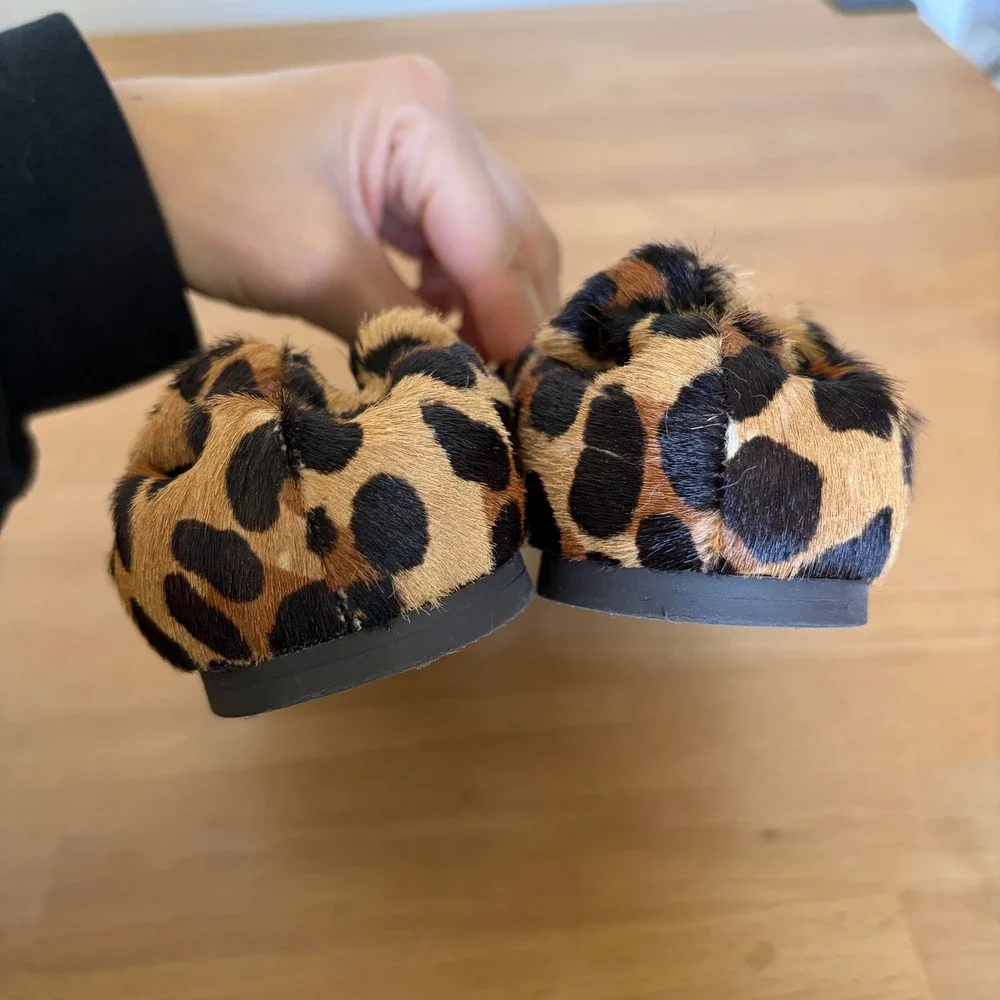 Tory Burch Reva Leopard Print Calf Hair Ballet Flats Gold Logo Brown Tan 8.5